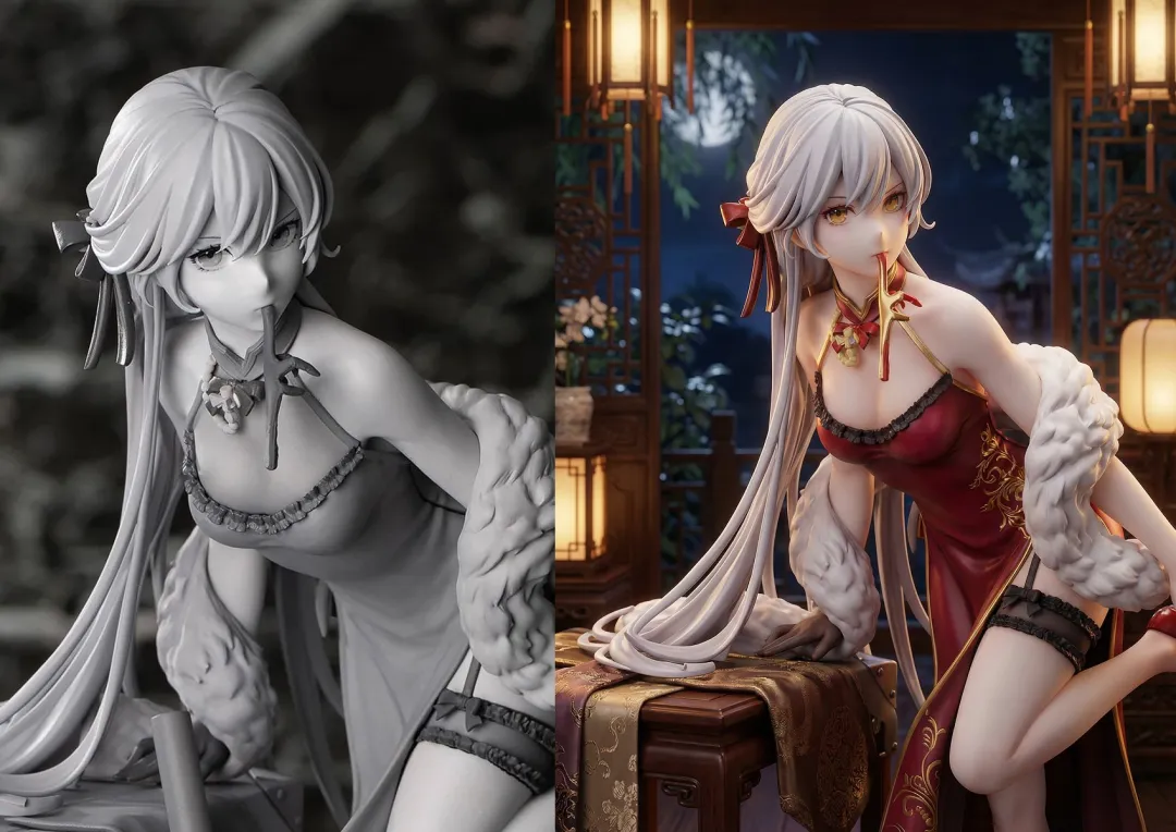 为这张手办完成材质添加和上色，同时将周围环境变为符合角色设定的环境...