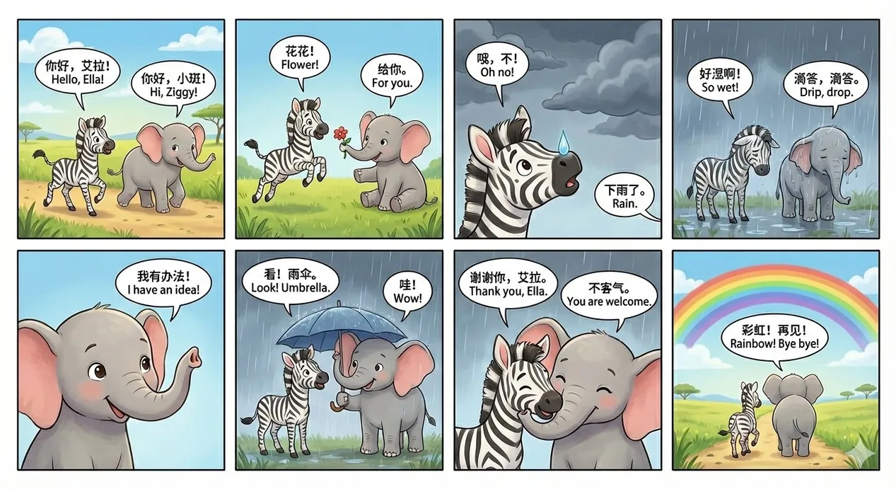 帮我生成一个 8 页的连环画，给 2 岁半的小朋友讲故事用，用中英文标出简短对话，主角是一只斑马和一只大象的故事，需要多角度展现主角，保持主角的一致性...