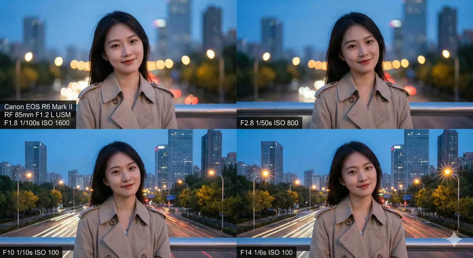 佳能相机，85mm 定头，生成 1.8F、2.8F、10F、 14F 光圈逐渐变化的效果，温柔大美女作为模特，背景是黄昏之后的城市蓝调时刻...