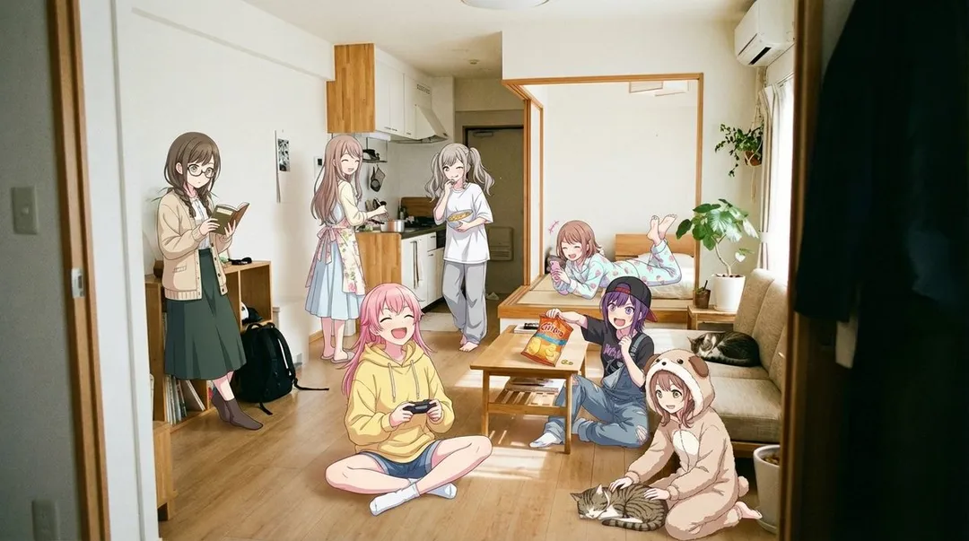 为这个写实的实景场景房间添加多位性格各异的动漫风格女孩，正在举办一场热闹的居家派对，确保房间是写实风格，只有少女为动漫风格。

一位留着粉色波波头、穿着大号亮黄色连帽卫衣和牛仔短裤的女孩，盘腿坐在客厅中央地毯上，手里紧握游戏手柄，正仰头大笑。

另一位戴着反戴棒球帽、身穿宽松工装背带裤和条纹T恤的女孩，坐在米色沙发上身体前倾，表情紧张专注地盯着（画面外的）屏幕，咬着嘴唇。

在左侧厨房区域，一位系着碎花围裙、穿着淡蓝色连衣裙的长发女孩，正站在灶台前用勺子搅拌锅里的食物，脸上带着温柔的微笑回头看大家。

在她旁边，一个扎着双马尾、穿着宽松灰色运动裤和白色大T恤的女孩，正偷偷从料理台上的碗里拿零食吃，俏皮地对着镜头眨眼。

后方抬高的榻榻米区域床上，一位穿着柔和 pastel 色调冰淇淋图案家居服的女孩趴在被子上，翘着脚，一边滑手机一边咯咯地笑。

靠左墙木质书架旁，一位戴着圆眼镜、穿着米色针织开衫和深绿色长裙的文静女孩，正站着依靠在柜子上，全神贯注地低头读一本书。

在茶几旁边，一位染着紫色头发、穿着印有摇滚乐队图案T恤和破洞牛仔裤的女孩，正兴奋地撕开一大包薯片准备分享，表情期待。

