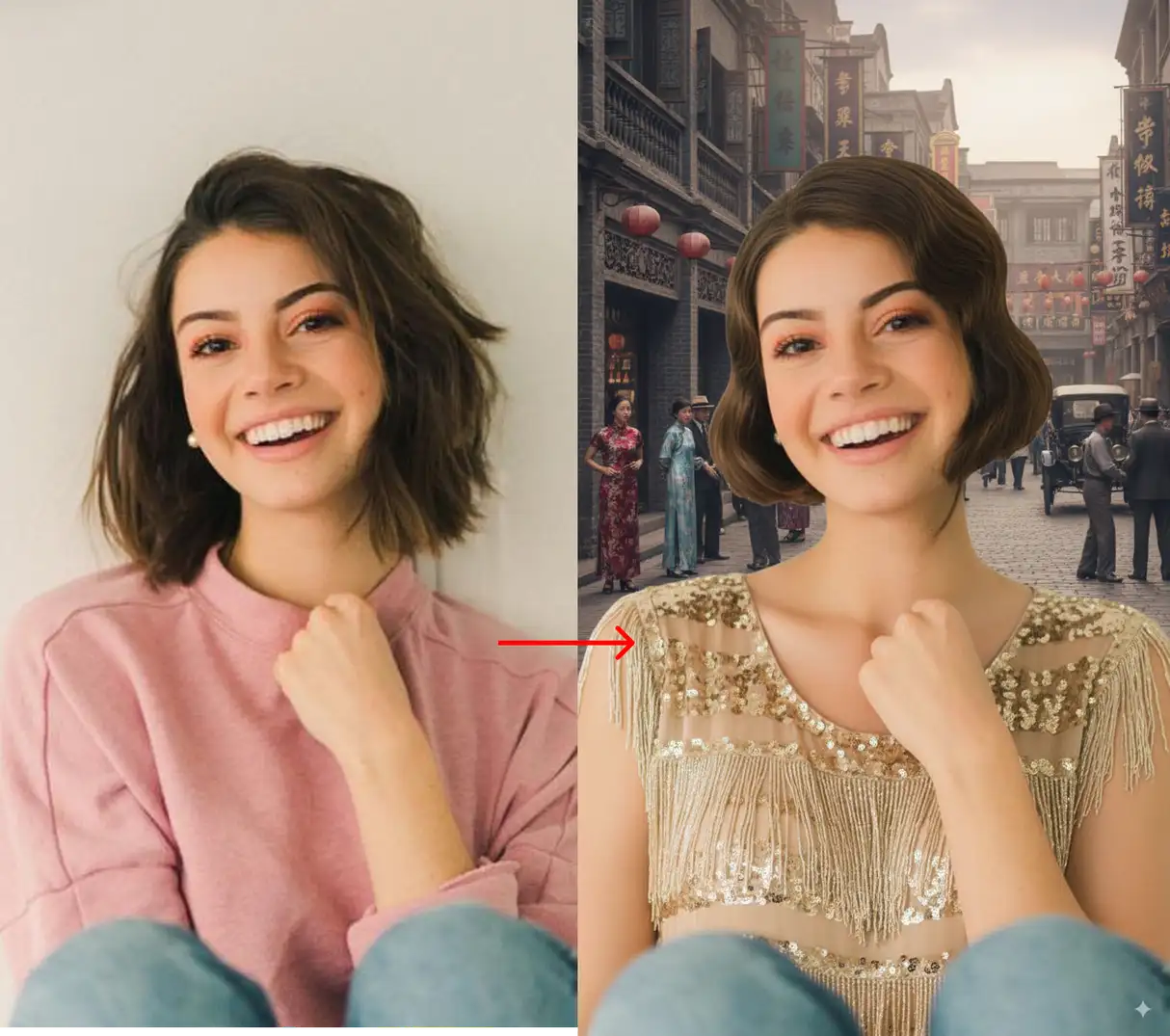 保持人物不变，将她的服装换成1920年代的飞边连衣裙和波波头，并将背景替换为老上海的场景。...