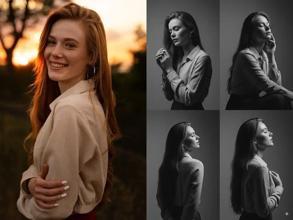 将这张彩色照片转换为一张高分辨率的艺术黑白肖像。背景需处理成柔和的渐变灰，以突出人物。为画面增加细腻的胶片颗粒质感。人物姿态应自然，仿佛在沉思，光线要有方向性，重点勾勒面部轮廓，营造神秘感。要求没有实物的背景，每张照片换不同的动作。生成4张。...