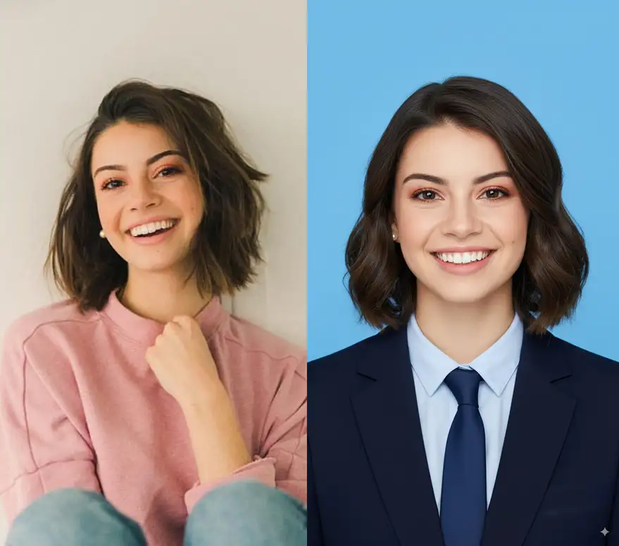 截取图片人像头部，帮我做成2寸证件照，要求: 1、蓝底 2、职业正装 3、正脸 4、微笑...