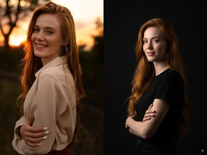 给图里的人生成工作室拍摄肖像照片,黑色背景,黑色T恤,采用侧光和半身像的构图...