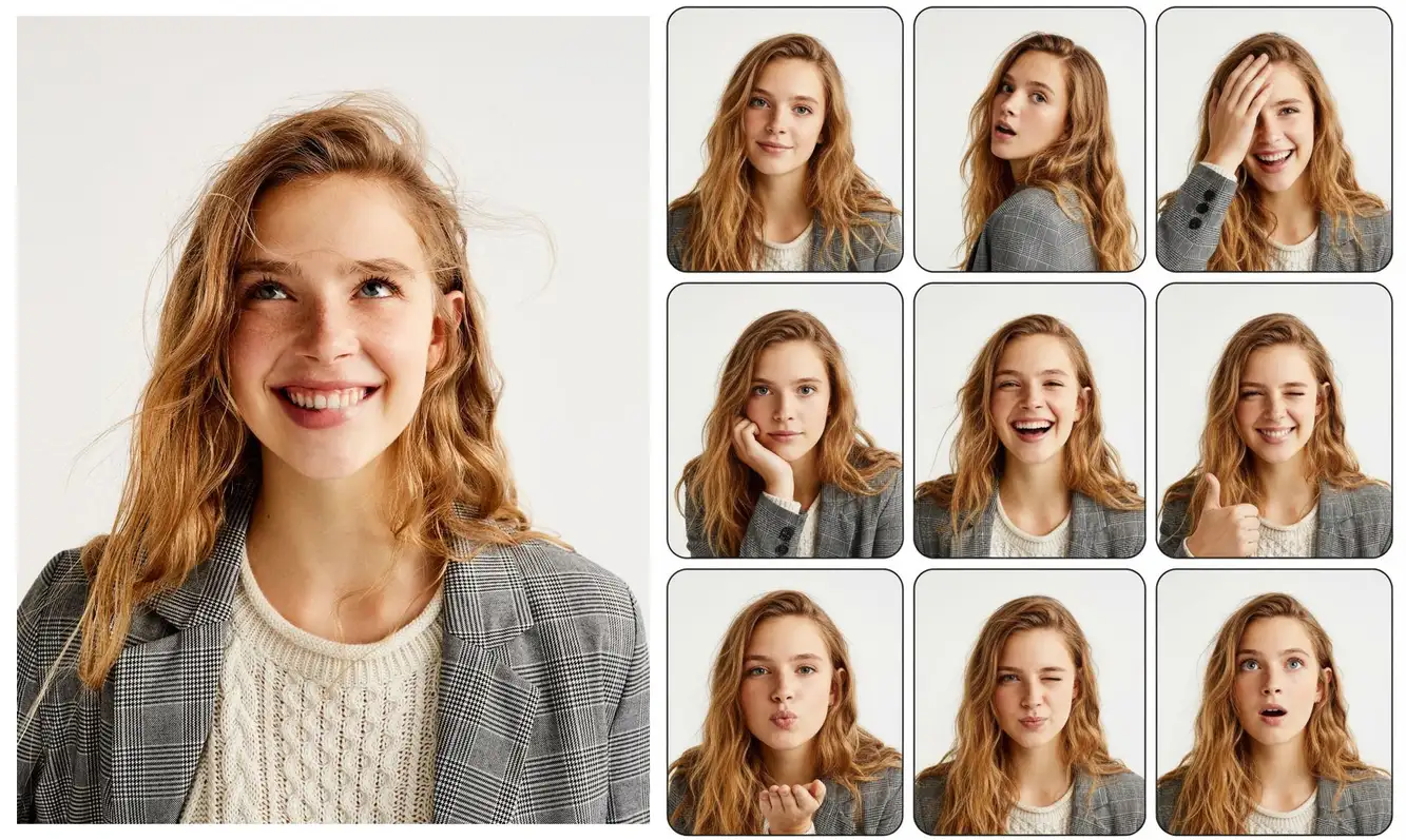 用这张照片，做一个3*3的photo booth grid，每张要用不同的姿势和表情不许重复...