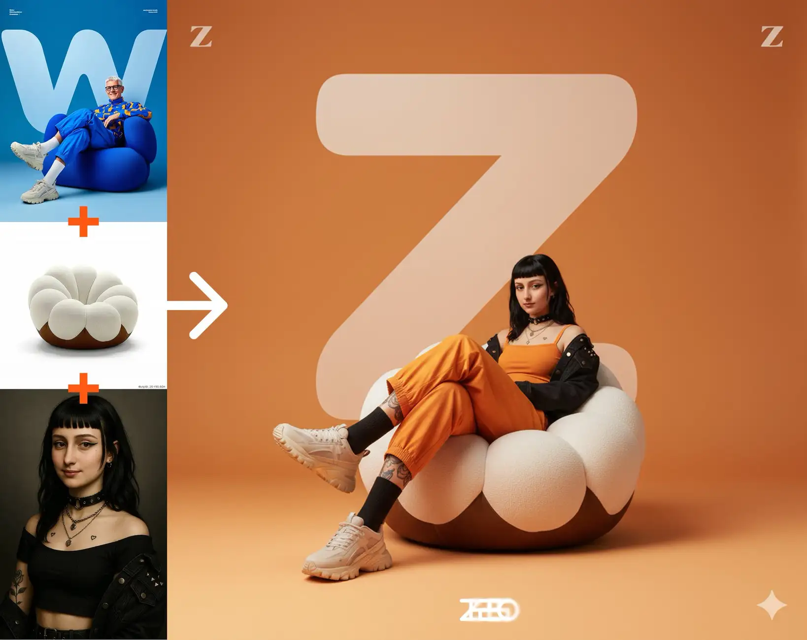 把人物换成图二人物，沙发换成图三沙发，配色换成橙色，文字换成“Z”...