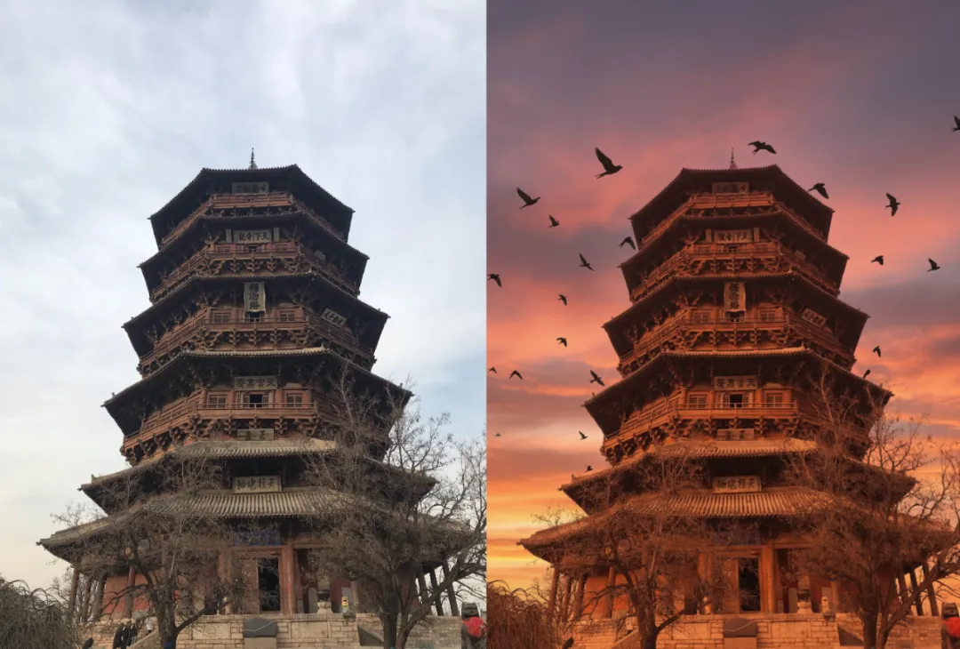让这张照片中的天空变成晚霞的颜色，空中有很多鸟在飞，和原图融为一体。...
